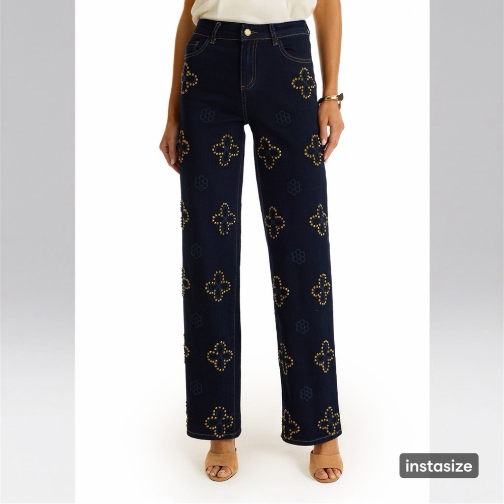 Elegant Black Embellished Wide Leg Jeans